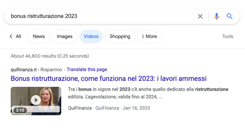 Google検索で動画として表示されるItaliaonlineのWebサイト